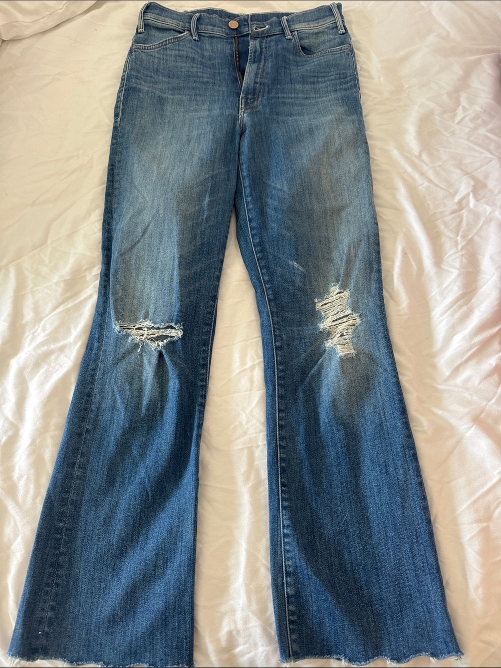 Mother Women’s Distressed Mid Blue Flare Jeans 26